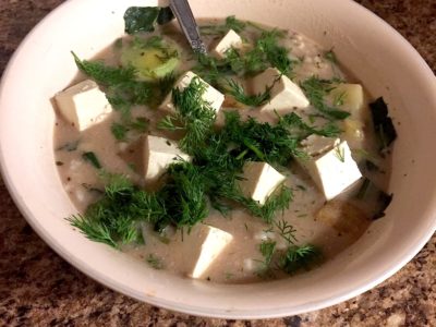 vegan potato leek soup with coconut milk and dill